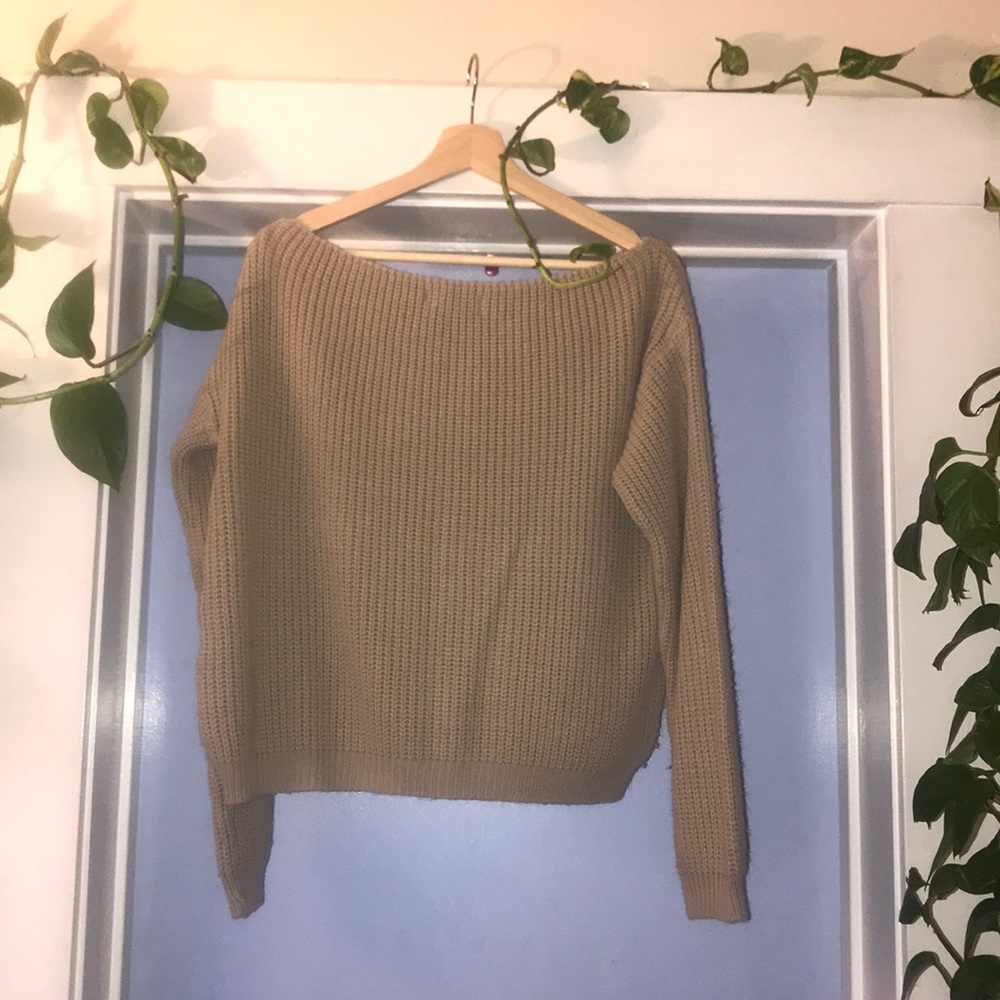 Off shoulder tan sweater